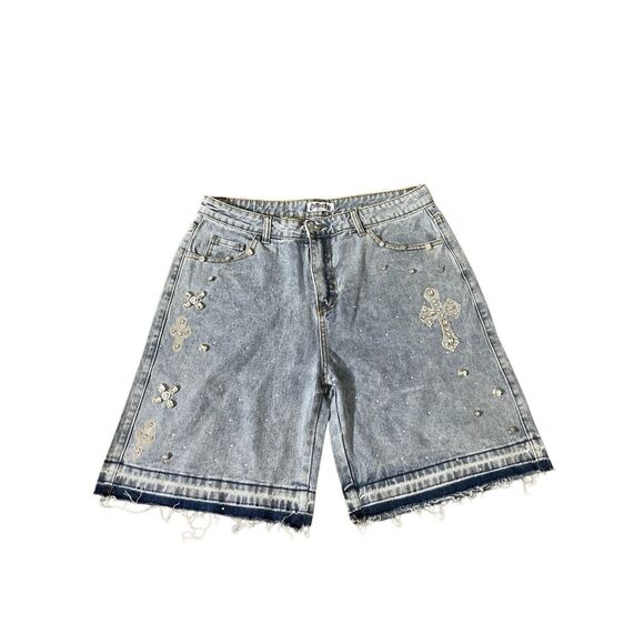 Our True Fate Denim Bermuda Shorts – Rhinestone Cross Embellished – Size L - Picture 1 of 7
